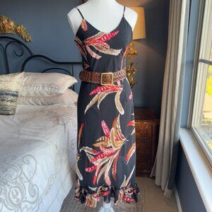 Black w Tropical Red Feather Print Chiffon Midi Dress